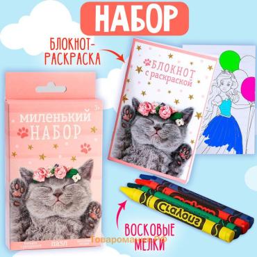 Подарочный набор, блокнот - раскраска, мелки 4 шт. «Кошка»