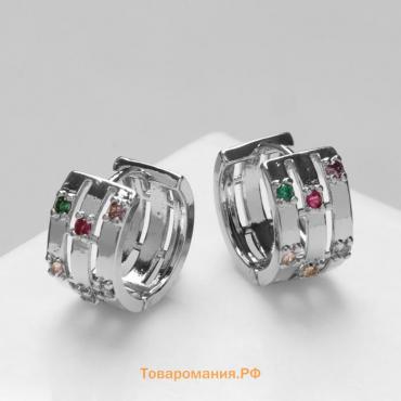 Серьги-кольца «Искра» 3 полосы, яркие вставки, d=1,7 см, цветные в серебре